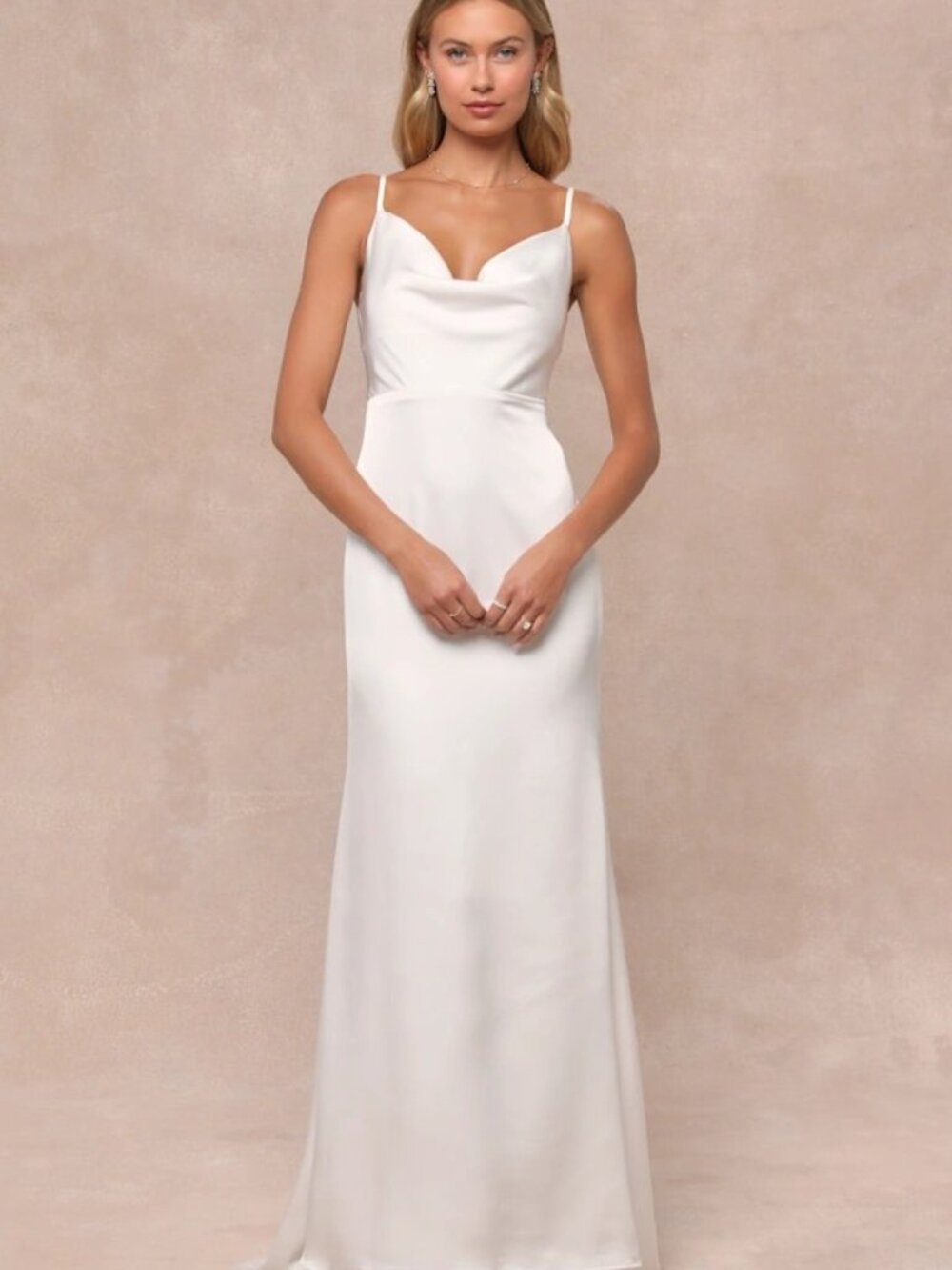 LuLus Pristine Romance White Satin Cowl Neck Mermaid Maxi Dress Sz L